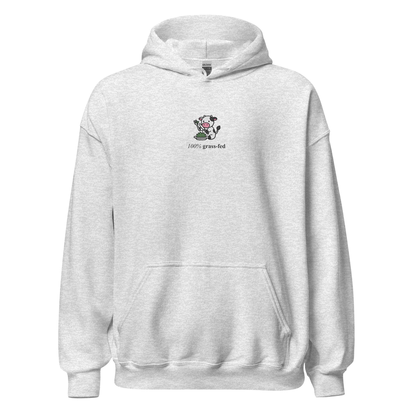 100% Grass-Fed Hoodie - Grey Embroidered Unisex Sweatshirt with Cow