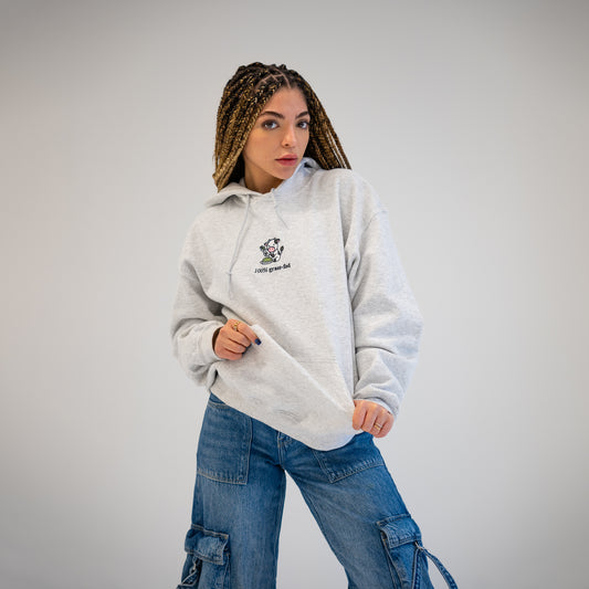 100% Grass-Fed Hoodie - Grey Embroidered Unisex Sweatshirt with Cow