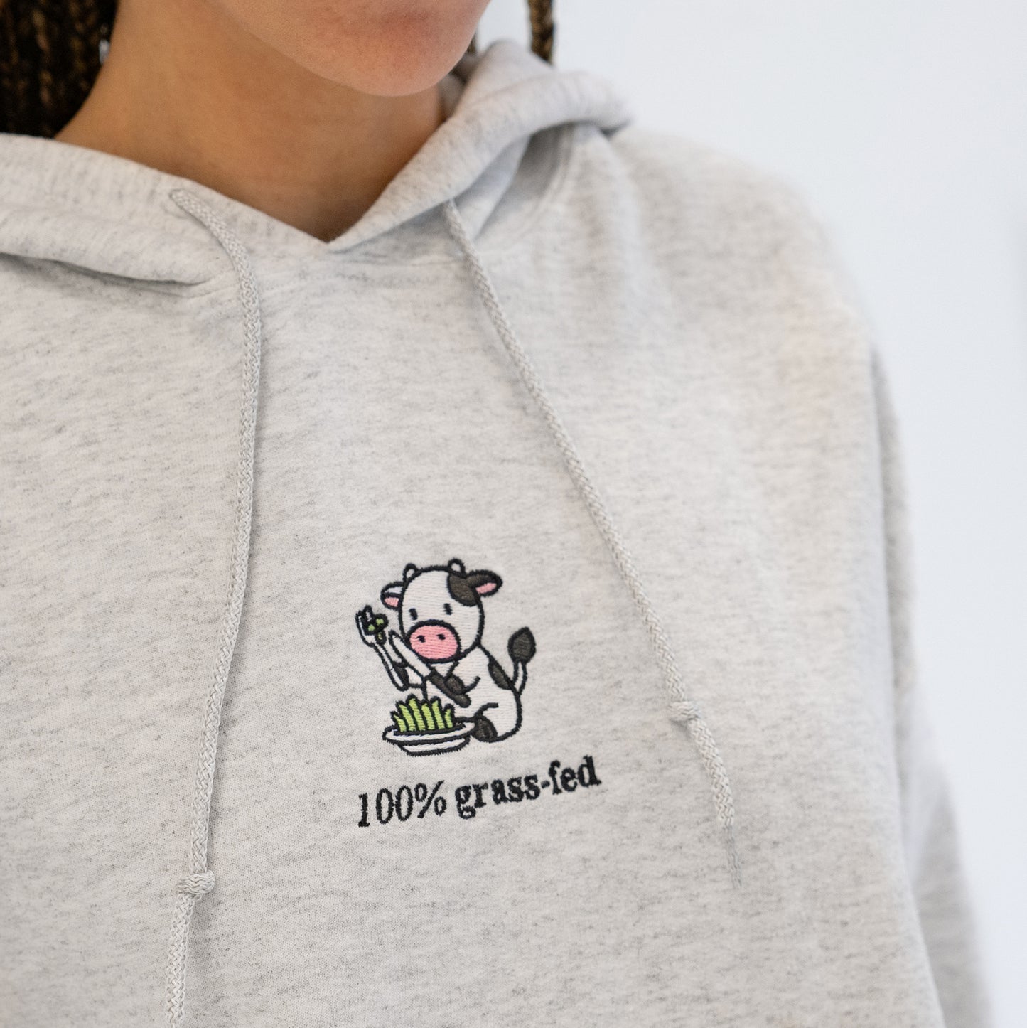 100% Grass-Fed Hoodie - Grey Embroidered Unisex Sweatshirt with Cow