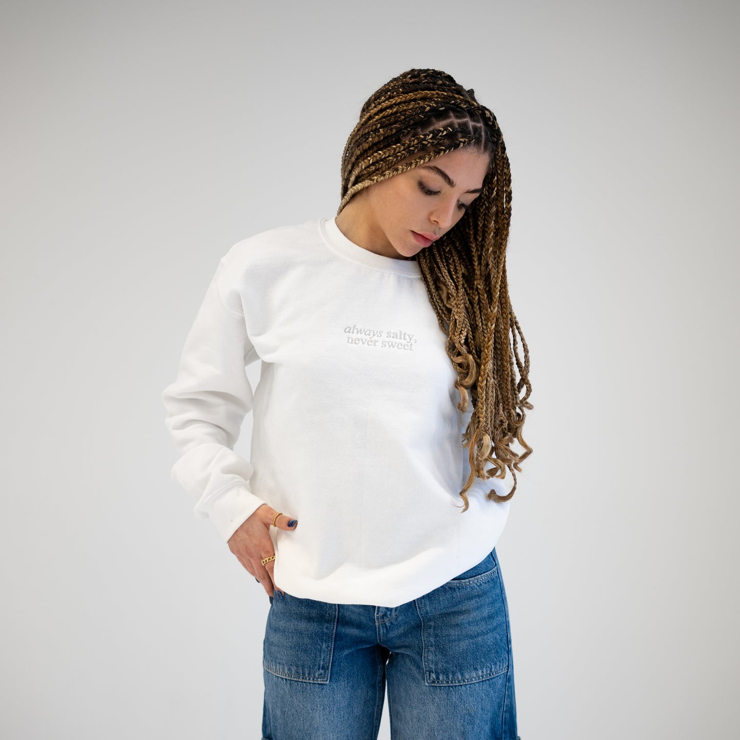 Always Salty, Never Sweet Crewneck - White Embroidered Unisex Sweatshirt